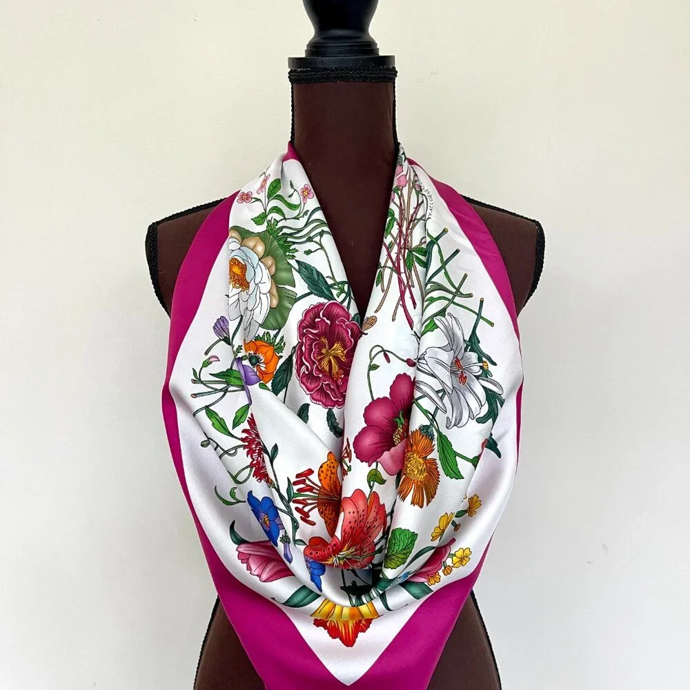 Gucci Silk Wrap Flora Print Logo White Multicolor Pink Border Scarf